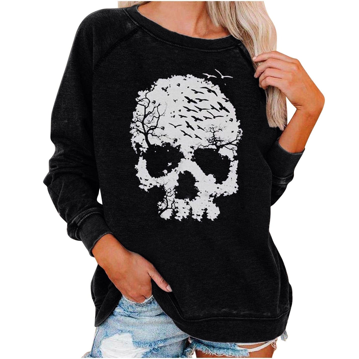 Frauen Sweatshirt mit lustigem Totenkopf-Print für Halloween von Fudus