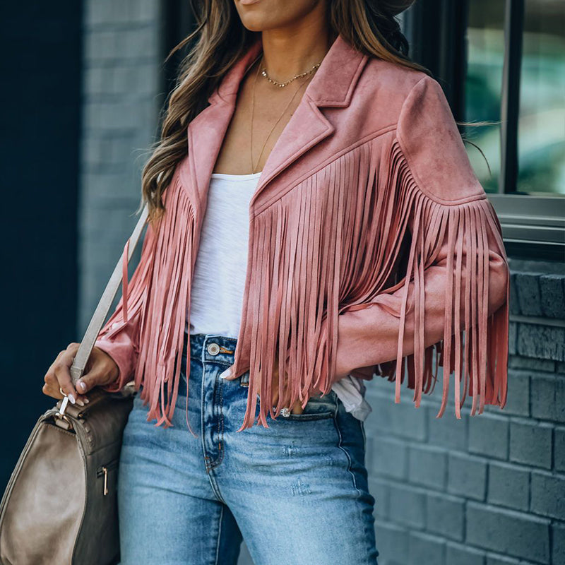 Krohn-e | Revers Langarm Fransen Crop Hippie Jacke