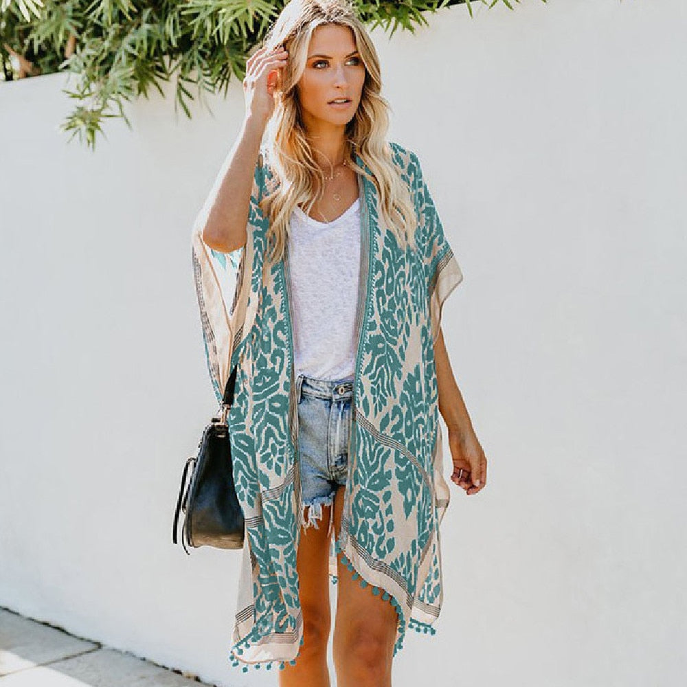 Fiona Kimono: Bohemian Style, Leaf Print, Fringed Detail
