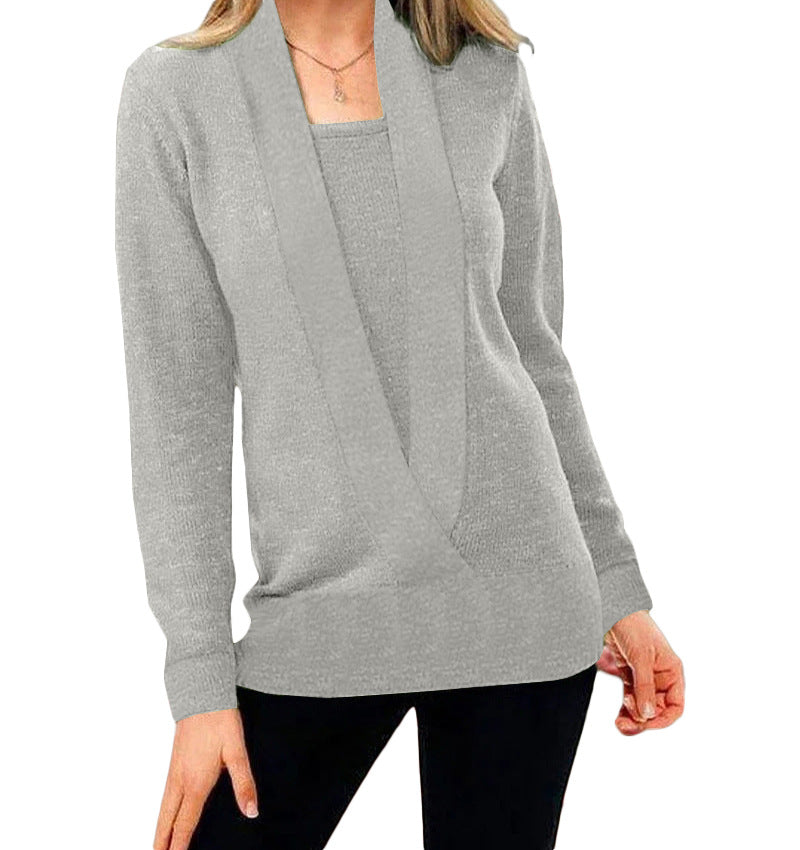 Denny Knit Solid Deep V-Neck Two-Piece Pullover Jacket
