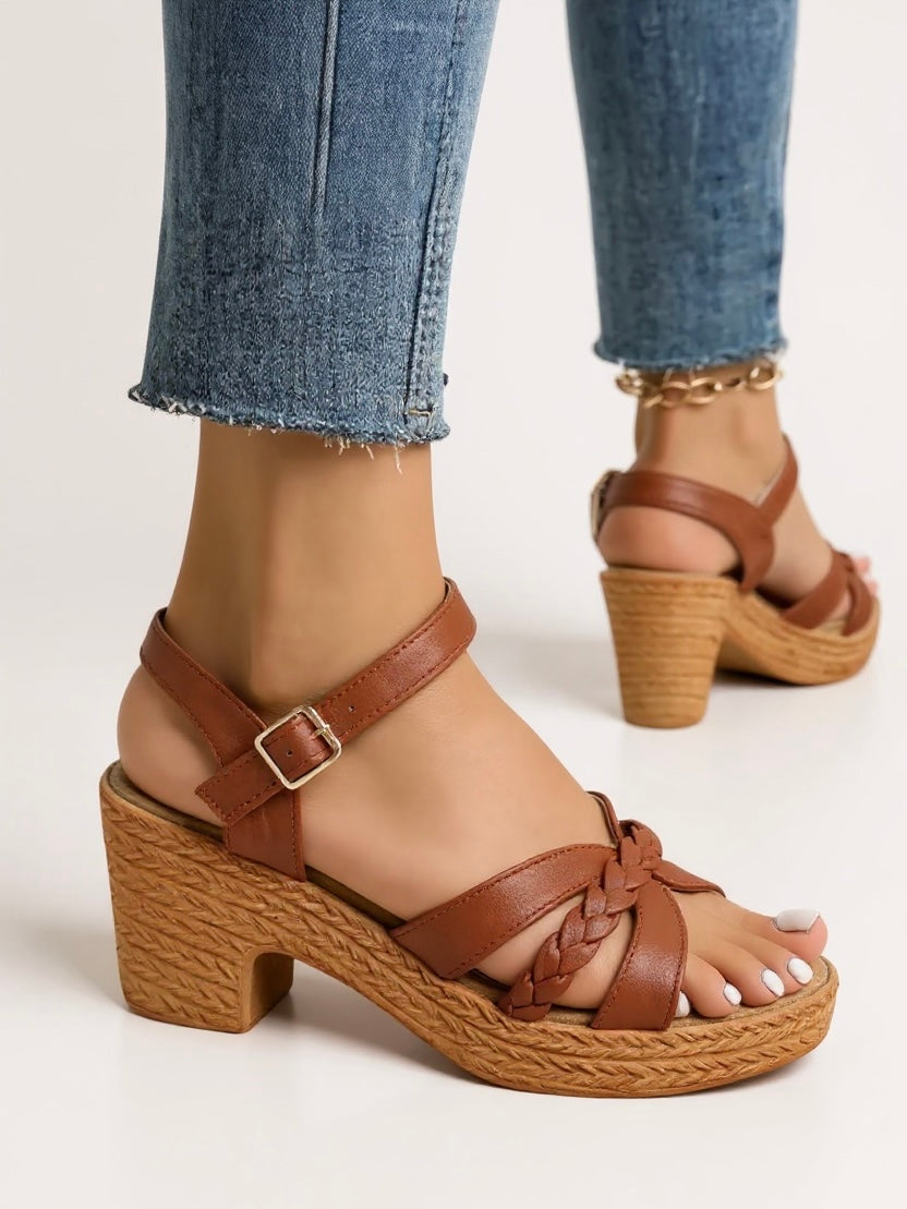 KROHN-E Damen Sandalen Geflochten Blockabsatz Gepolstert Elegant