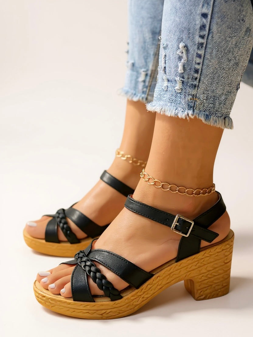 KROHN-E Damen Sandalen Geflochten Blockabsatz Gepolstert