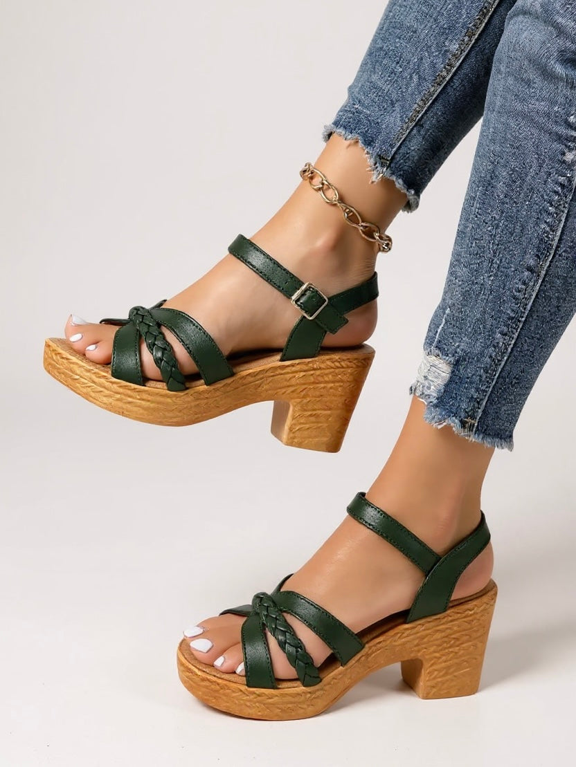 KROHN-E Damen Sandalen Geflochten Blockabsatz Gepolstert Verstellbar