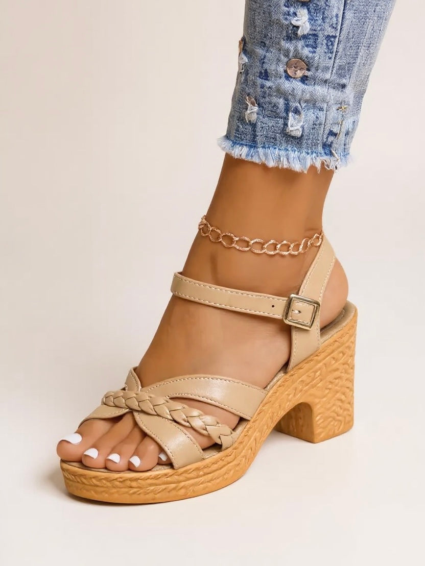 KROHN-E Damen Sandalen Geflochten Blockabsatz Gepolstert Verstellbar