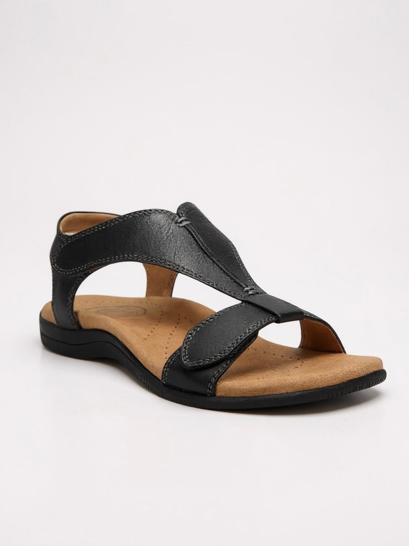 KROHN-E Damen T-Strap Sandalen Flach Gepolstert Beige
