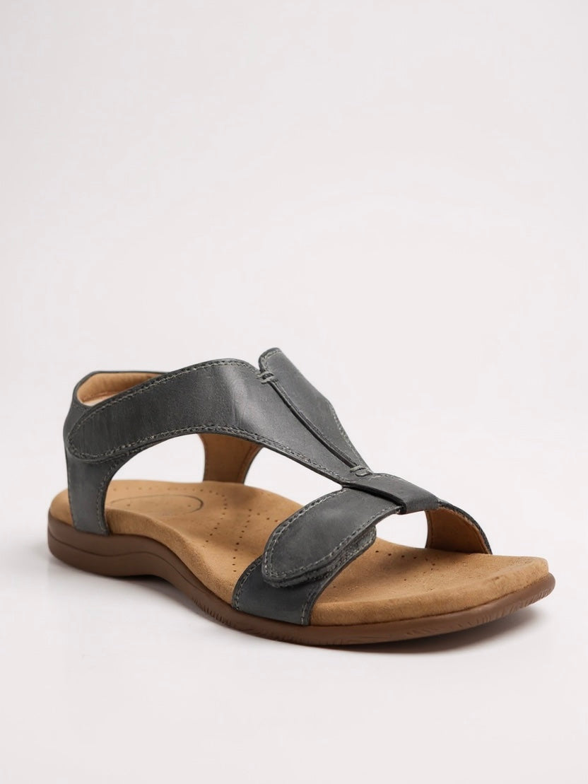 KROHN-E Damen T-Strap Sandalen Flach Gepolstert Beige Sommer