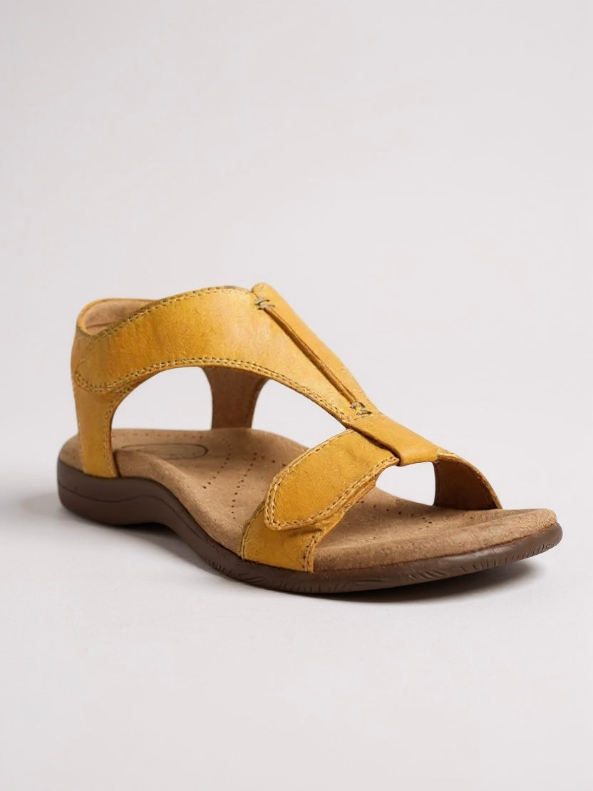 KROHN-E Damen T-Strap Sandalen Flach Gepolstert Beige Sommer