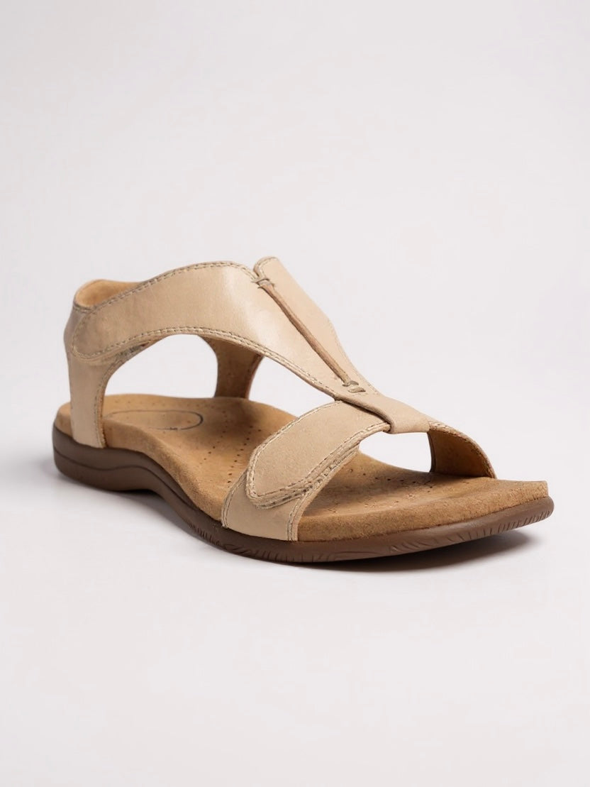 KROHN-E Damen T-Strap Sandalen Flach Gepolstert Beige Sommer
