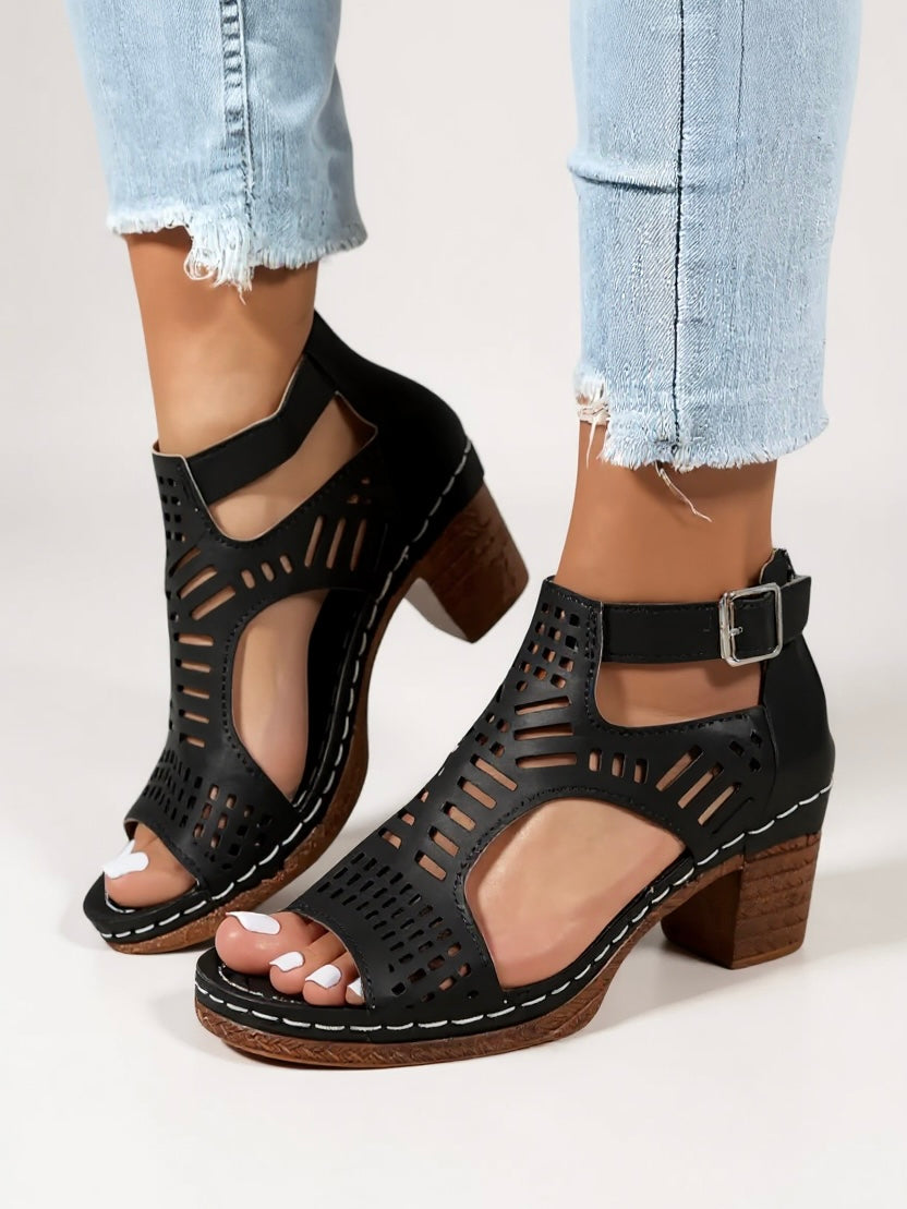 KROHN-E Damen Sandaletten Blockabsatz Cut-Out Design