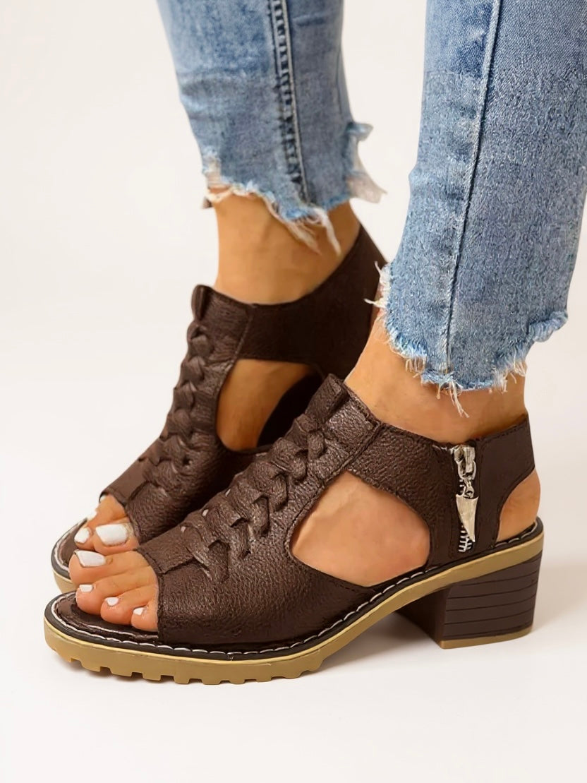 KROHN-E Damen Block-Heel Sandalen Reißverschluss Gepolstert