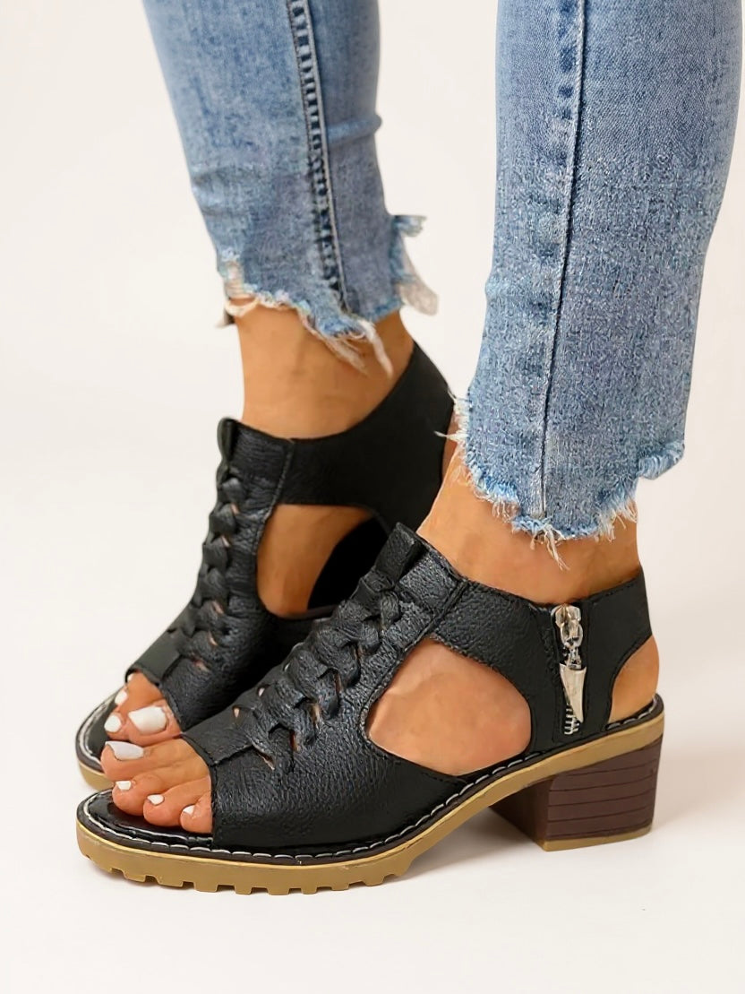 KROHN-E Damen Block-Heel Sandalen Gepolstert Reißverschluss