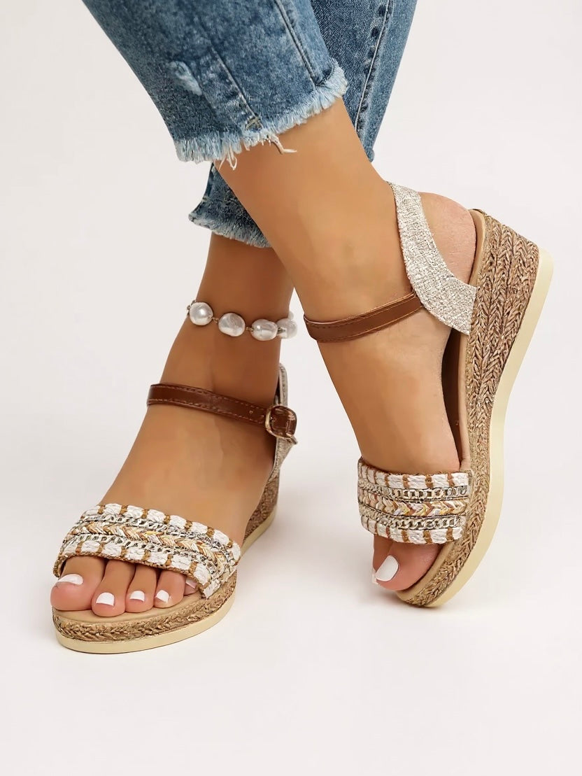 KROHN-E Damen Keilabsatz-Sandalen Geflochten Gepolsterte Sohle