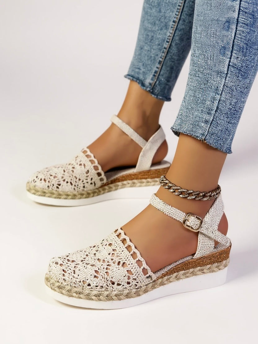 KROHN-E Damen Platform Sandalen Häkel-Design Boho Verstellbare Riemen