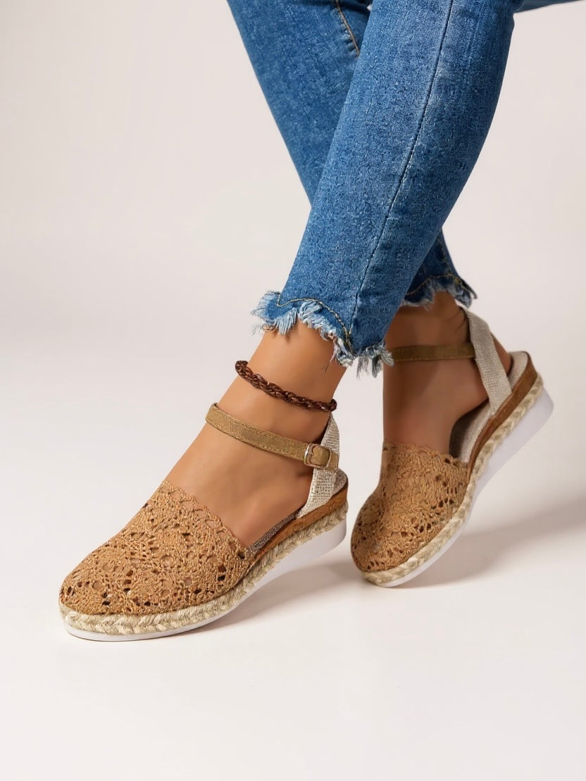 KROHN-E Damen Platform Sandalen Häkel-Design Boho Beige