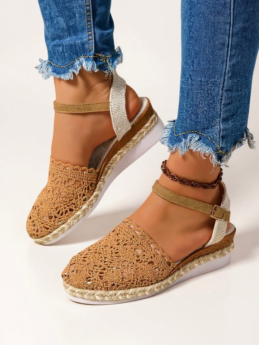 KROHN-E Damen Platform Sandalen Häkel-Design Boho Verstellbare Riemen