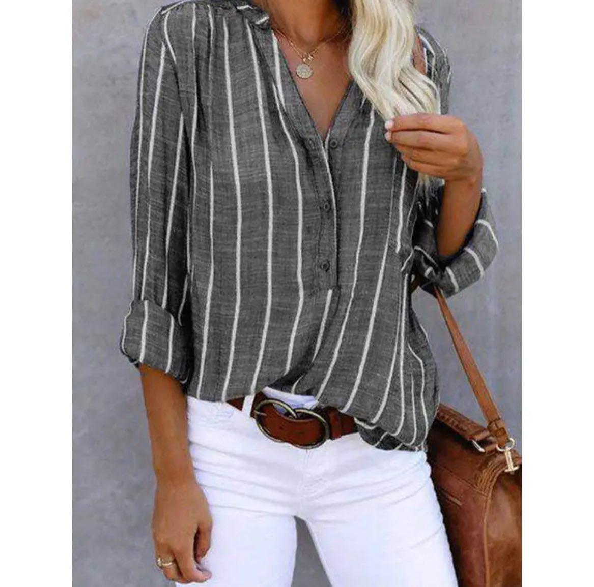 KROHN-E Damen Casual Bluse Gestreift Kurze Ärmel Baumwolle