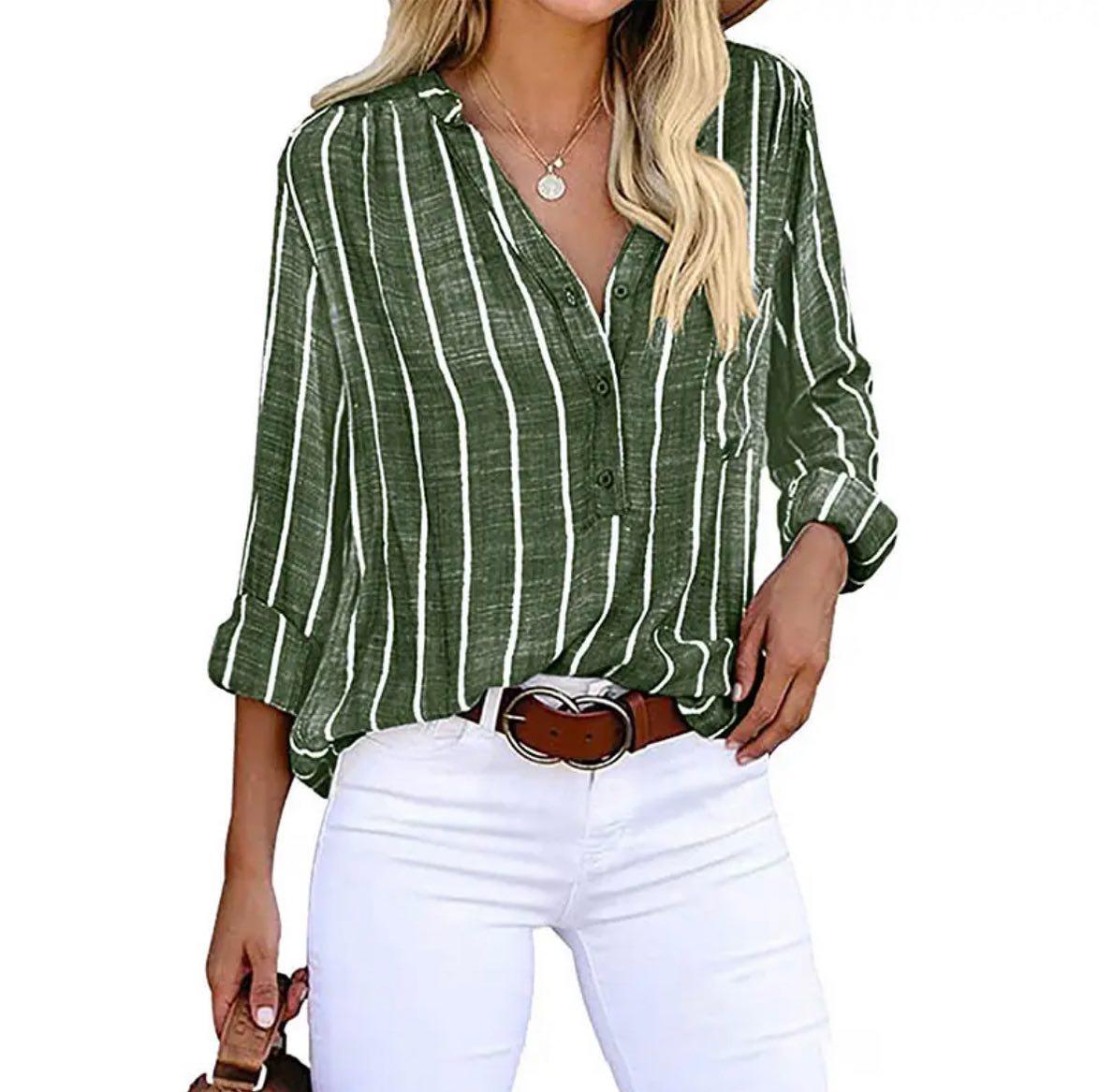 KROHN-E Damen Casual Bluse Gestreift Kurze Ärmel Baumwolle