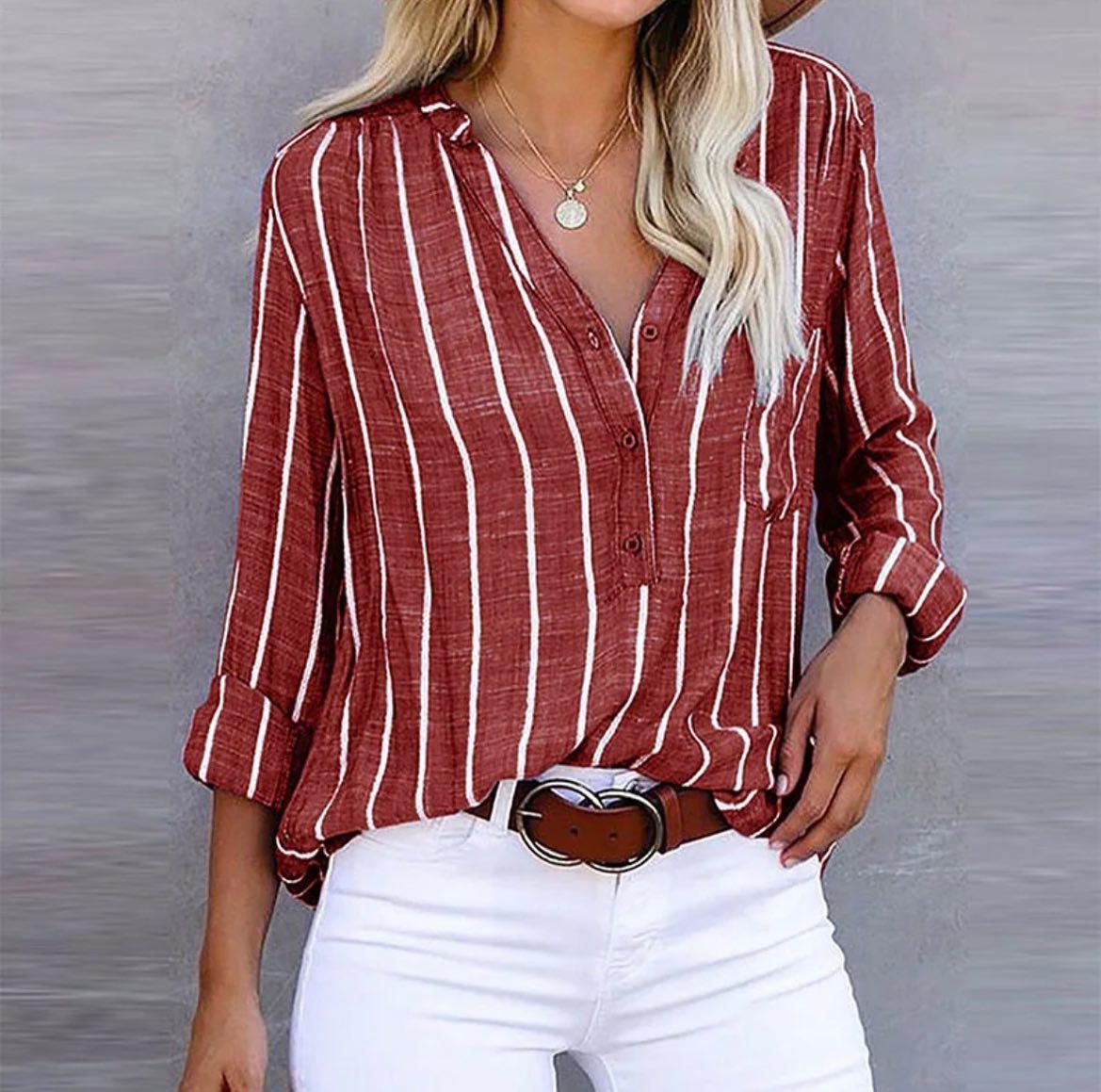 KROHN-E Damen Casual Bluse Gestreift Kurzarm