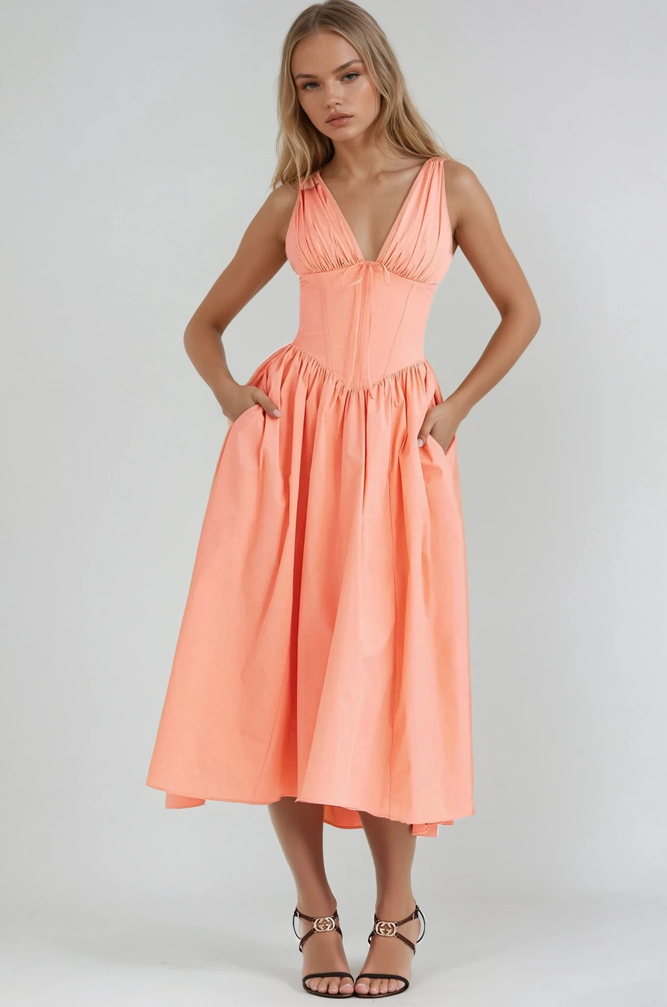 KROHN-E Damen Sommerkleid mit verstellbaren Trägern und fließendem Rock
