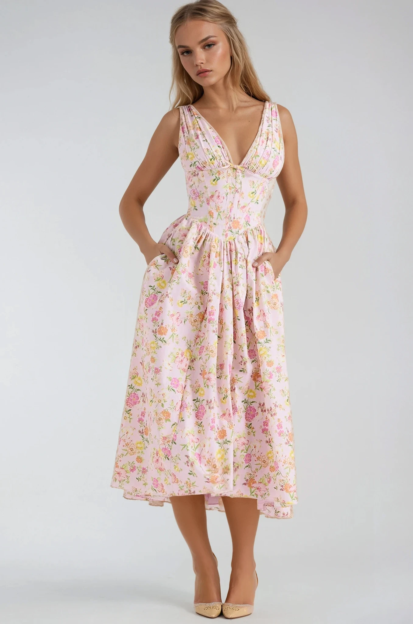 KROHN-E Damen Sommerkleid mit verstellbaren Trägern und fließendem Rock