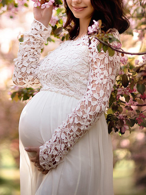 Elegantes Fudus Schwangerschaftskleid mit Ausschnitten, Spitze, Chiffon, Rundhals, langen Ärmeln, für Abend, Abschlussball