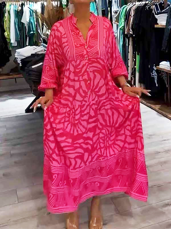 Damen-Maxikleid mit geometrischem Muster und Knopfleiste