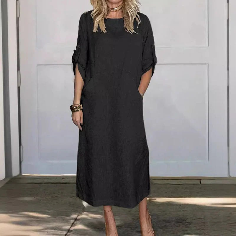 Damen-Midikleid mit eleganten, gekrempelten Ärmeln