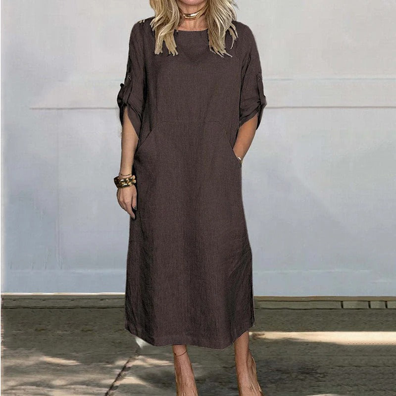 Damen-Midikleid mit eleganten, gekrempelten Ärmeln