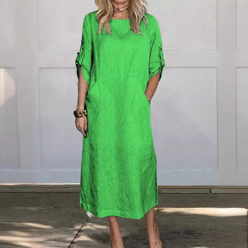 Damen-Midikleid mit eleganten, gekrempelten Ärmeln