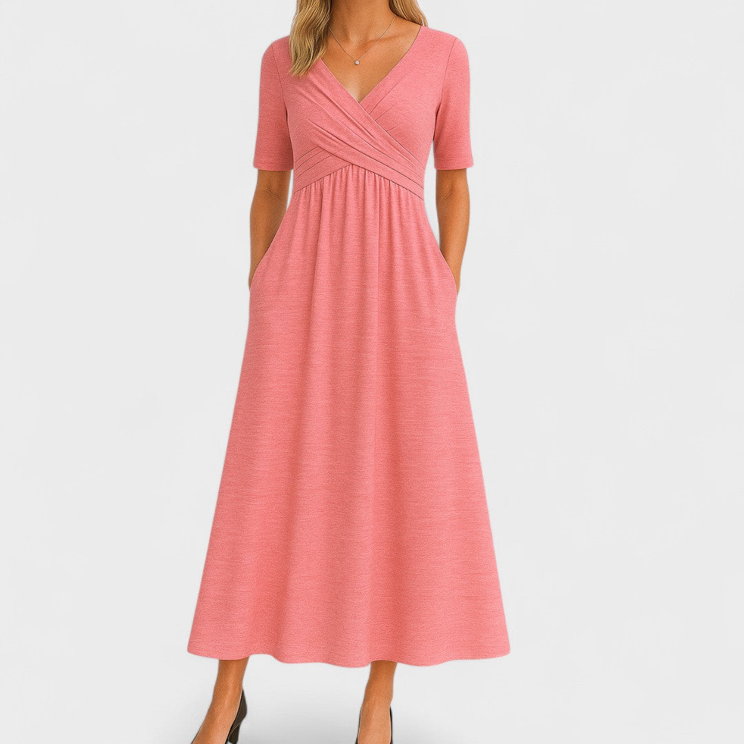 Aria | Damen Midi Kleid A-Linie Wickelausschnitt Kurzarm
