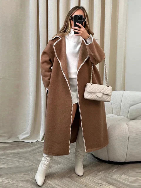 Krohn-e | Elegante Lange Jacke mit Kontrastnähten Wollmischung Luxuriös, Bequem