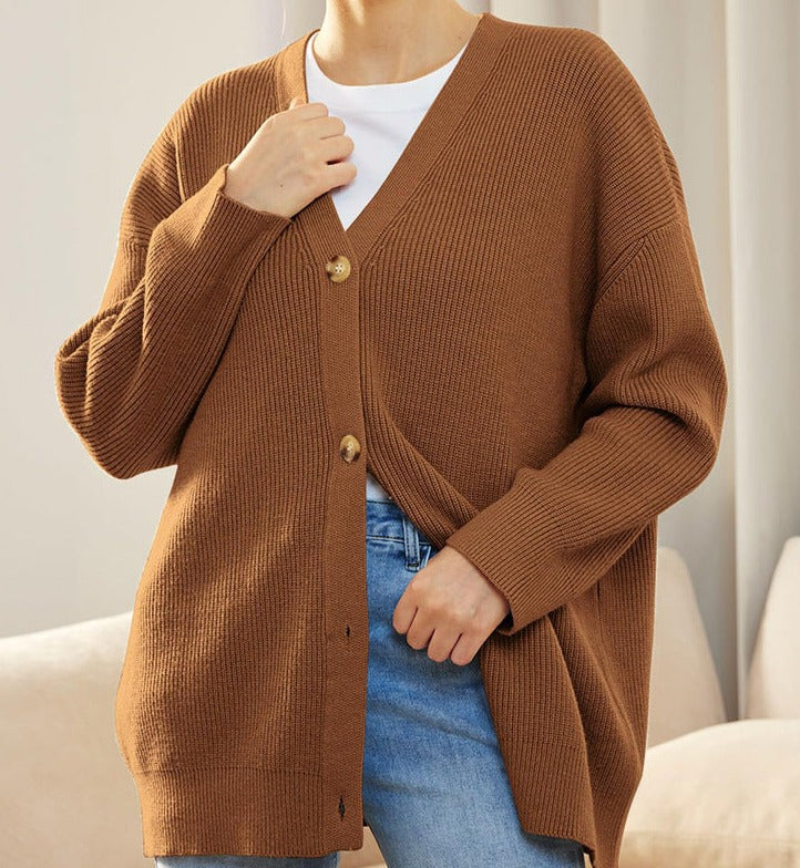 Krohn-e | Cardigan - Damen Herbst Oversized Knopf-Cardigan mit Rippstrick