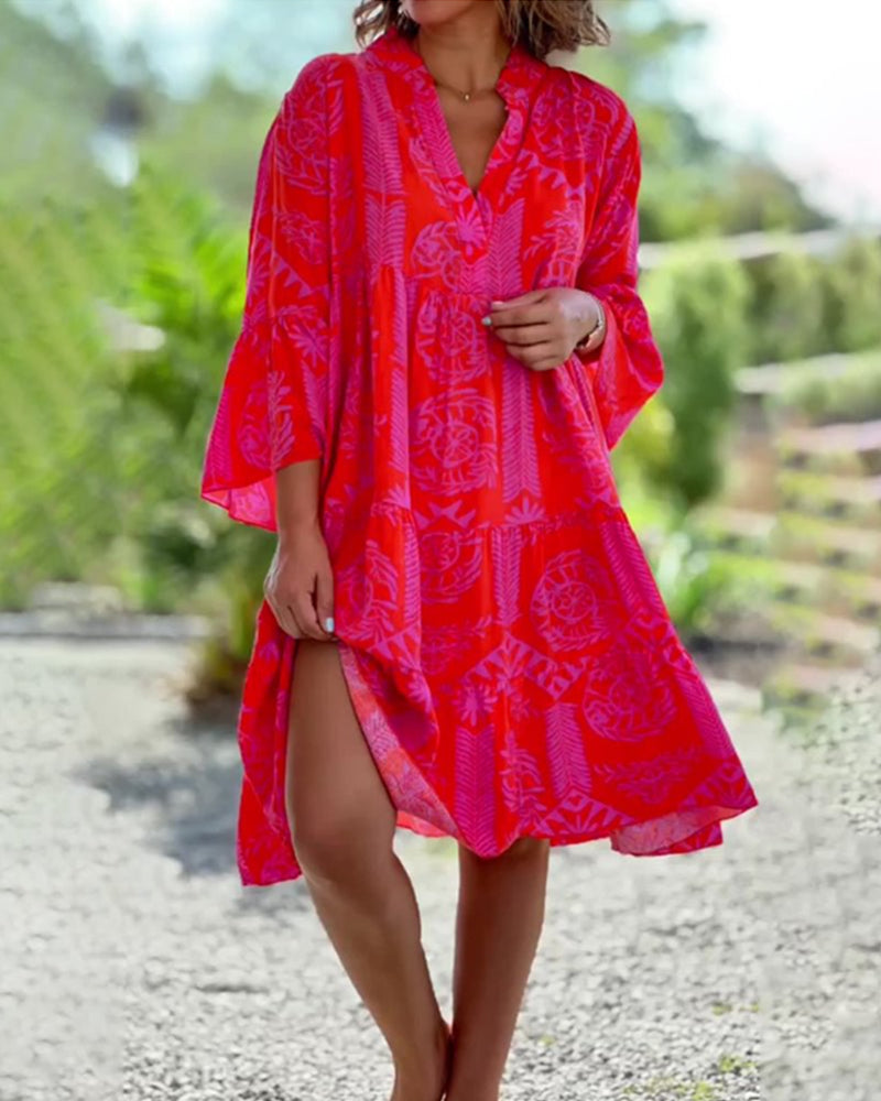 Kathrin Kleid: 3/4-Ärmel, geometrischer Boho-Druck