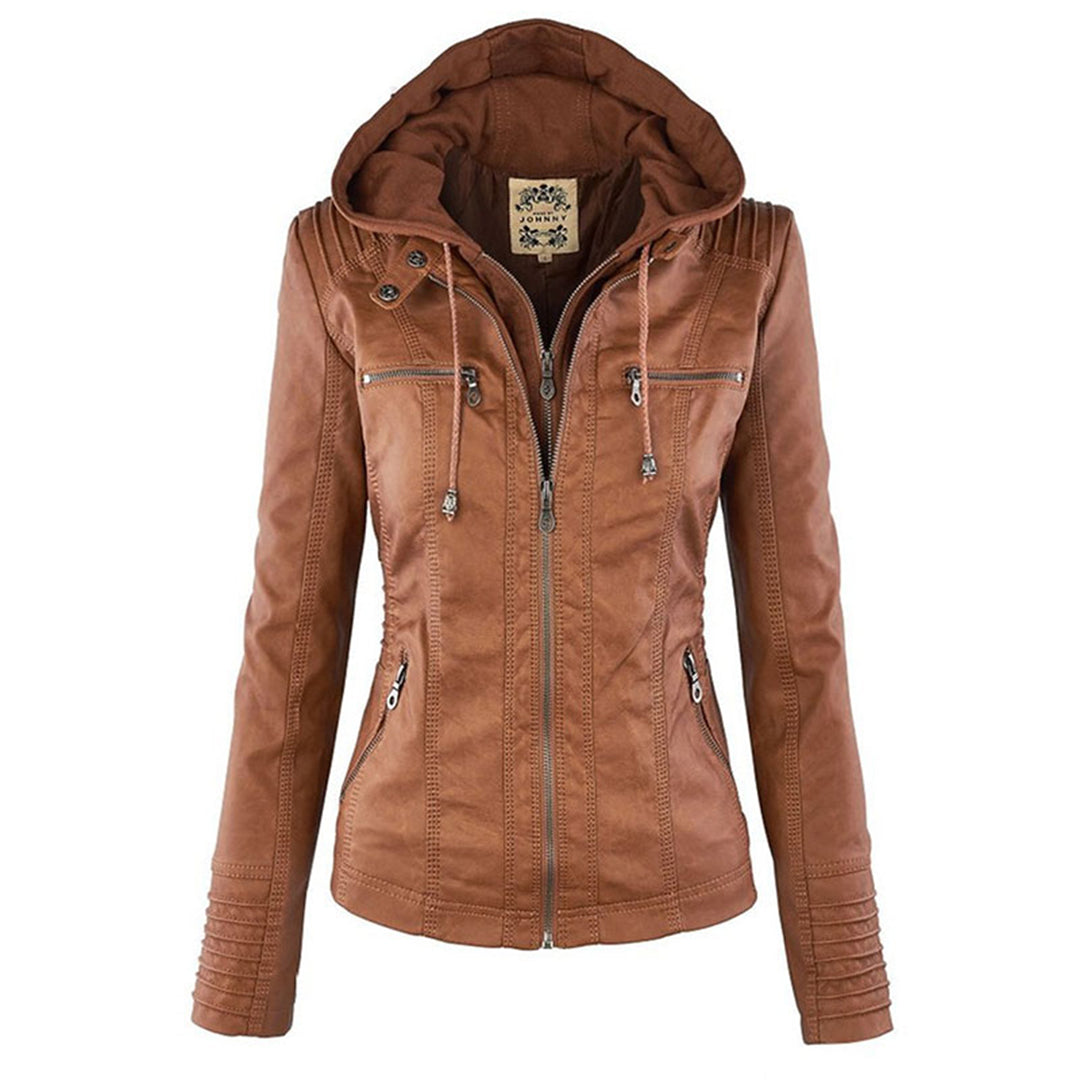 Krohn-e | Wasserdichte Damen Lederjacke Mit Abnehmbarem Kapuzen