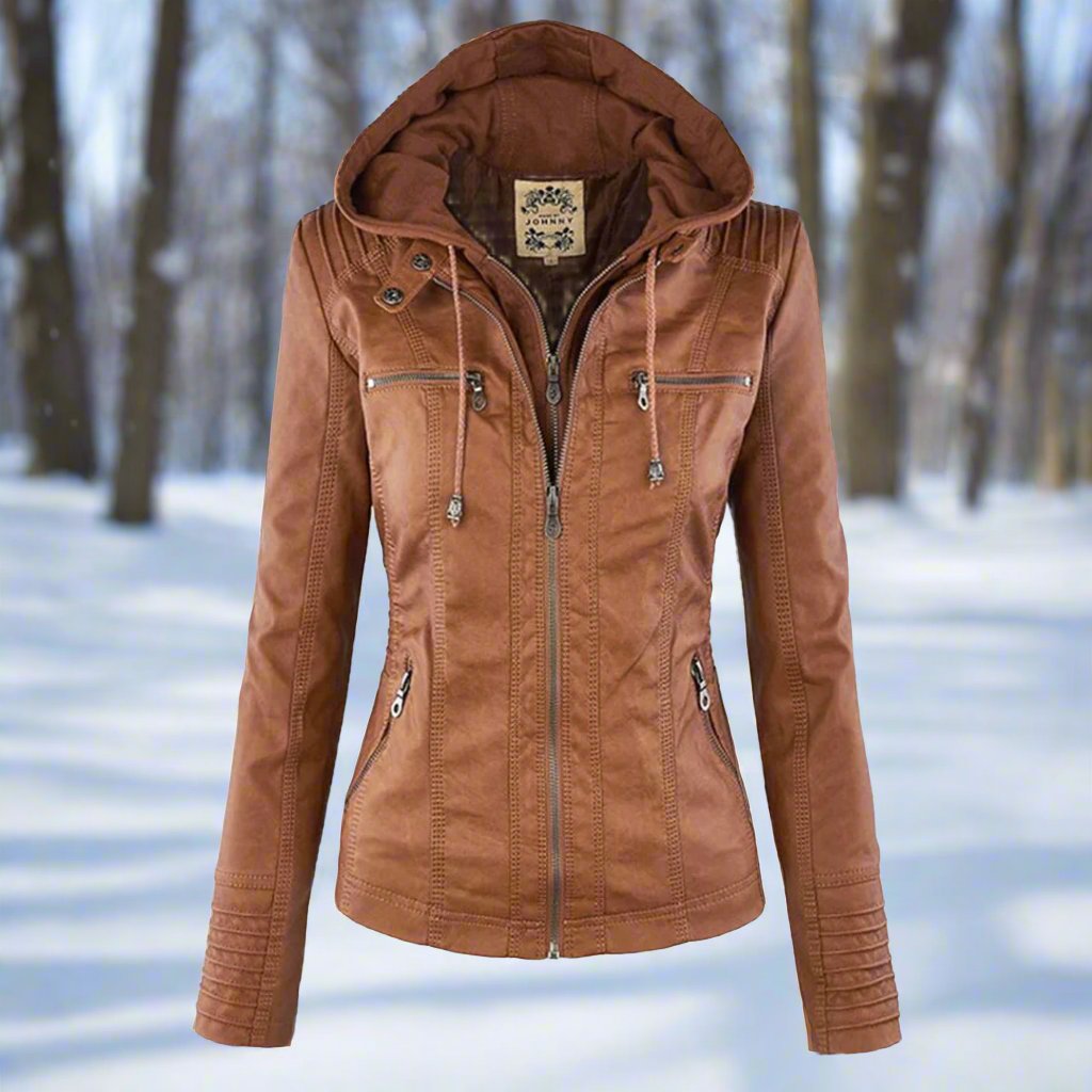 Krohn-e | Bikerjacke - Kunstleder - Slim Fit - Kapuze mit Kordelzug - Reißverschlusstaschen