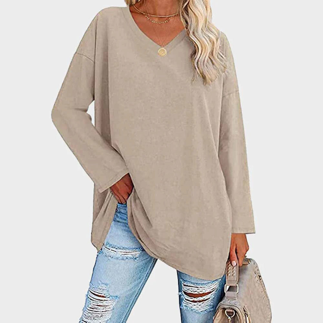 Loree | Damen Longshirt V-Ausschnitt Langarm Übergroß Oberteil