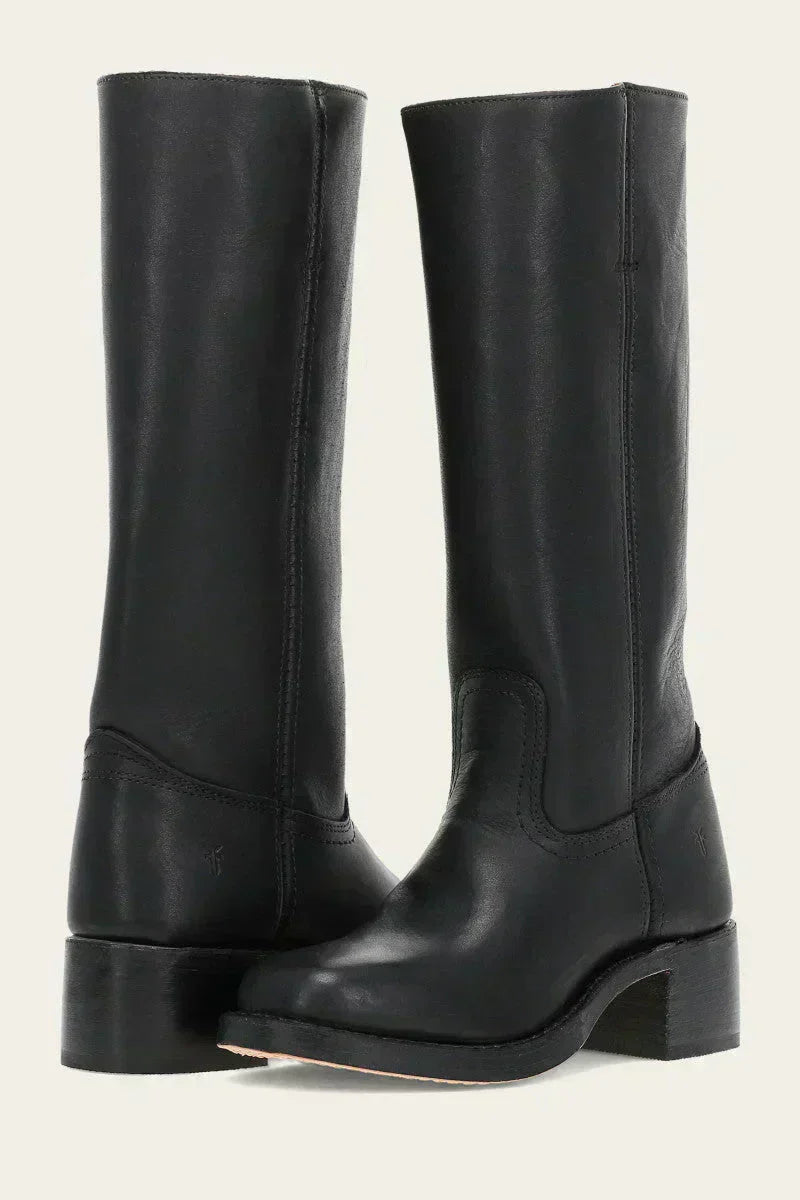 KROHN-E Damen Kniestiefel Slim-Fit strukturierte Sohle Schwarz