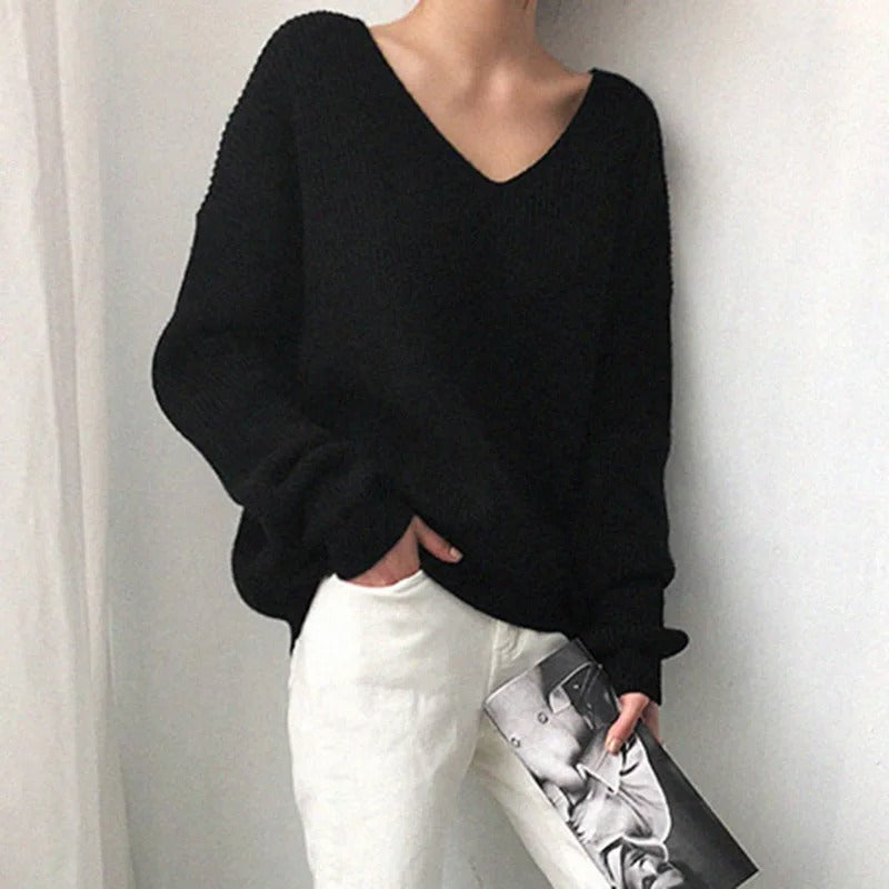 Krohn-e | Pullover - Damen Herbst V-Ausschnitt Oversized Pullover