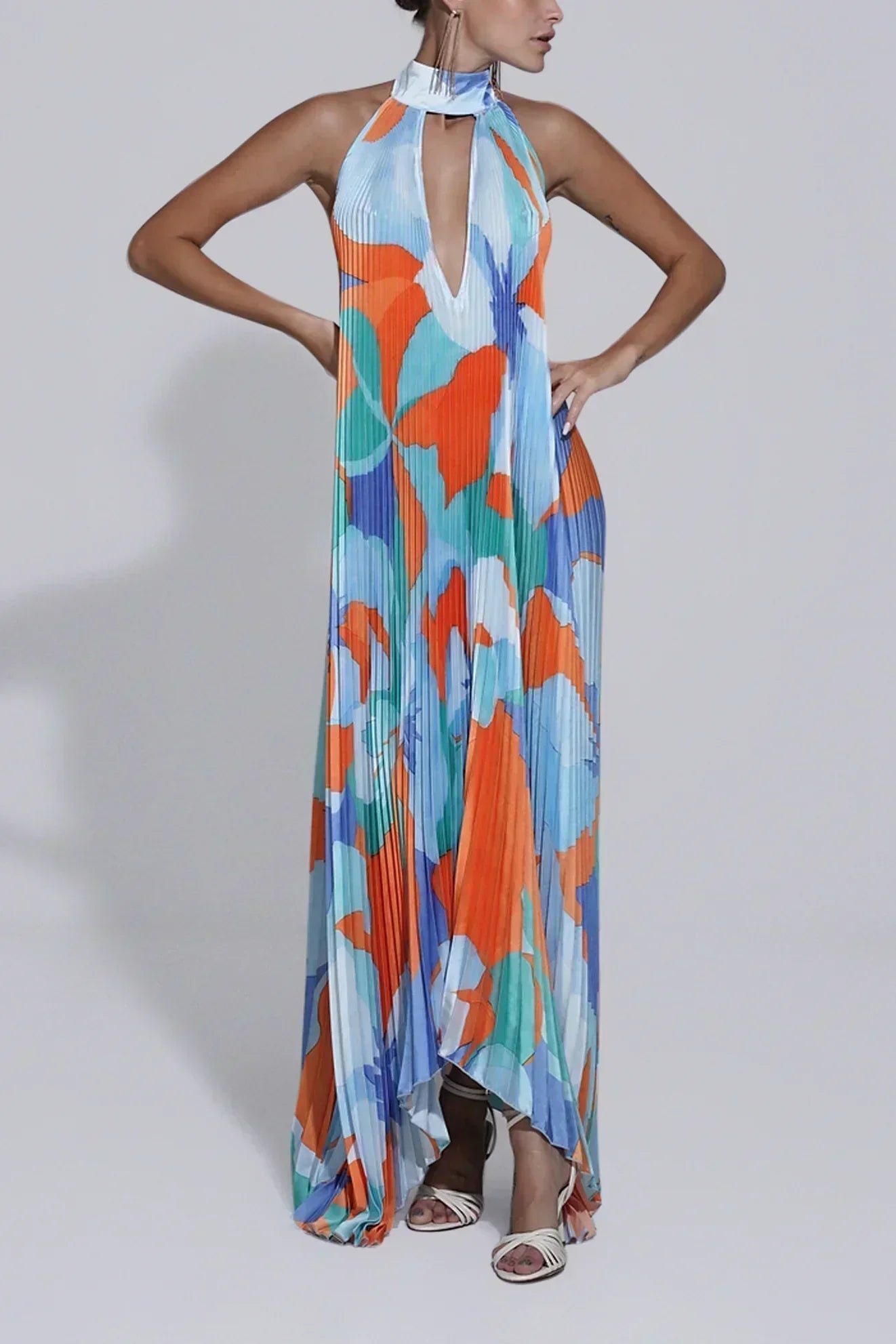 KROHN-E Damen Halter Maxi-Kleid Plissiert Fließender Rock