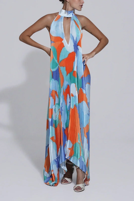 KROHN-E Damen Halter Maxi-Kleid Plissiert Fließender Rock