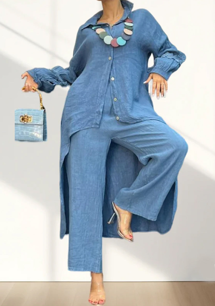 Leana: Modernes, unifarbenes Zweiteiler-Set für Damen mit Langarm-Shirt und Hose