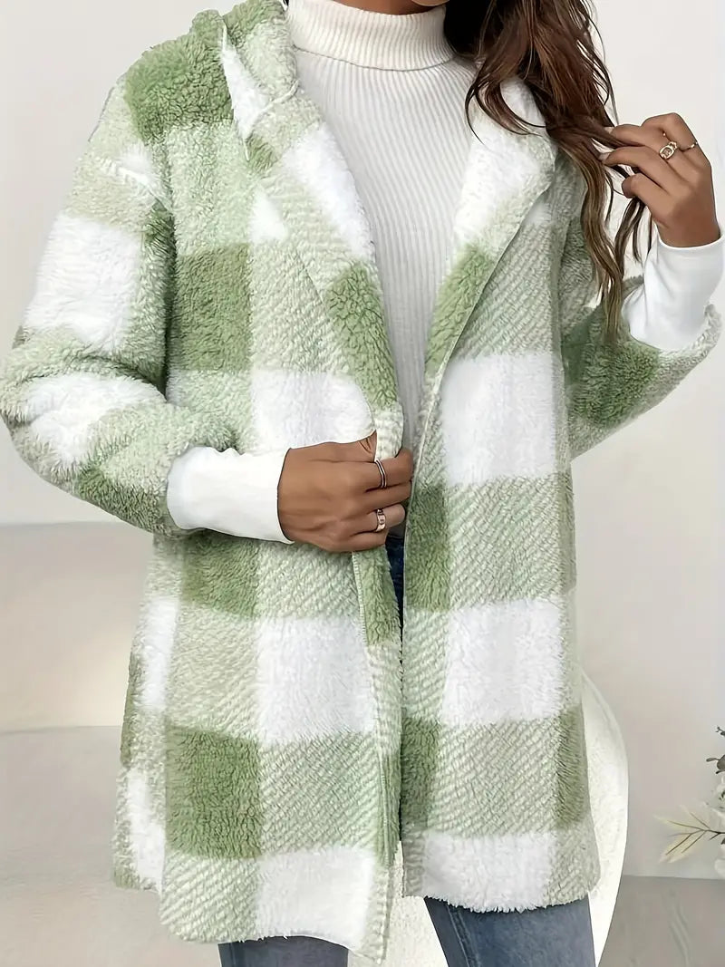 Elegante Luscara Kapuzenjacke mit Karomuster, offenem Vorderteil und langen, flauschigen Ärmeln