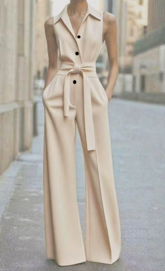 Soleil | Damen Jumpsuit Ärmellos Weites Bein Bindegürtel Elegant
