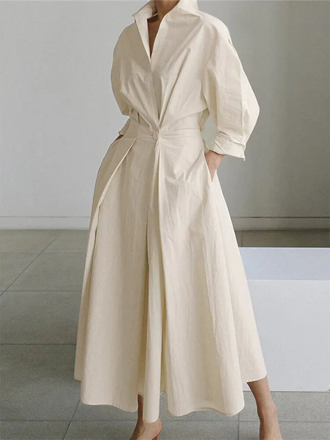 Krohn-e | Elegantes Damen Maxi Kleid mit Kragen und Schmeichelhaften Falten