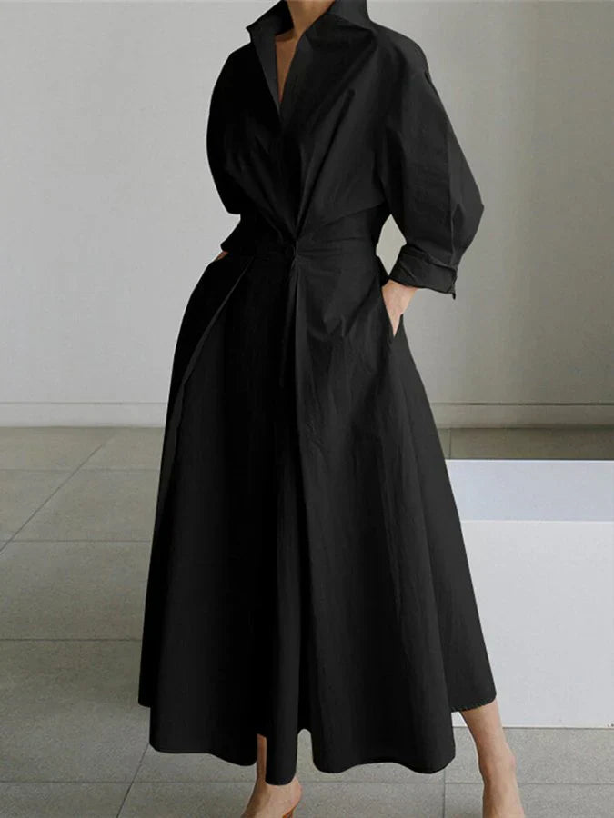Krohn-e | Elegantes Damen Maxi Kleid mit Kragen und Schmeichelhaften Falten