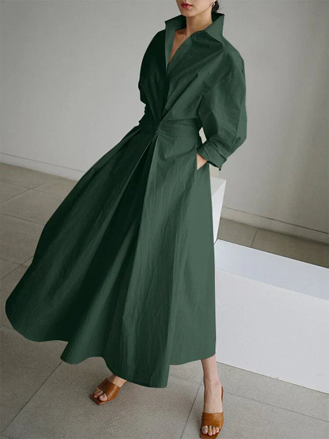 Krohn-e | Elegantes Damen Maxi Kleid mit Kragen und Schmeichelhaften Falten