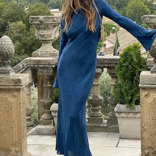 Krohn-e | Elegantes Langes Kleid mit Auslaufenden Ärmeln Maxi