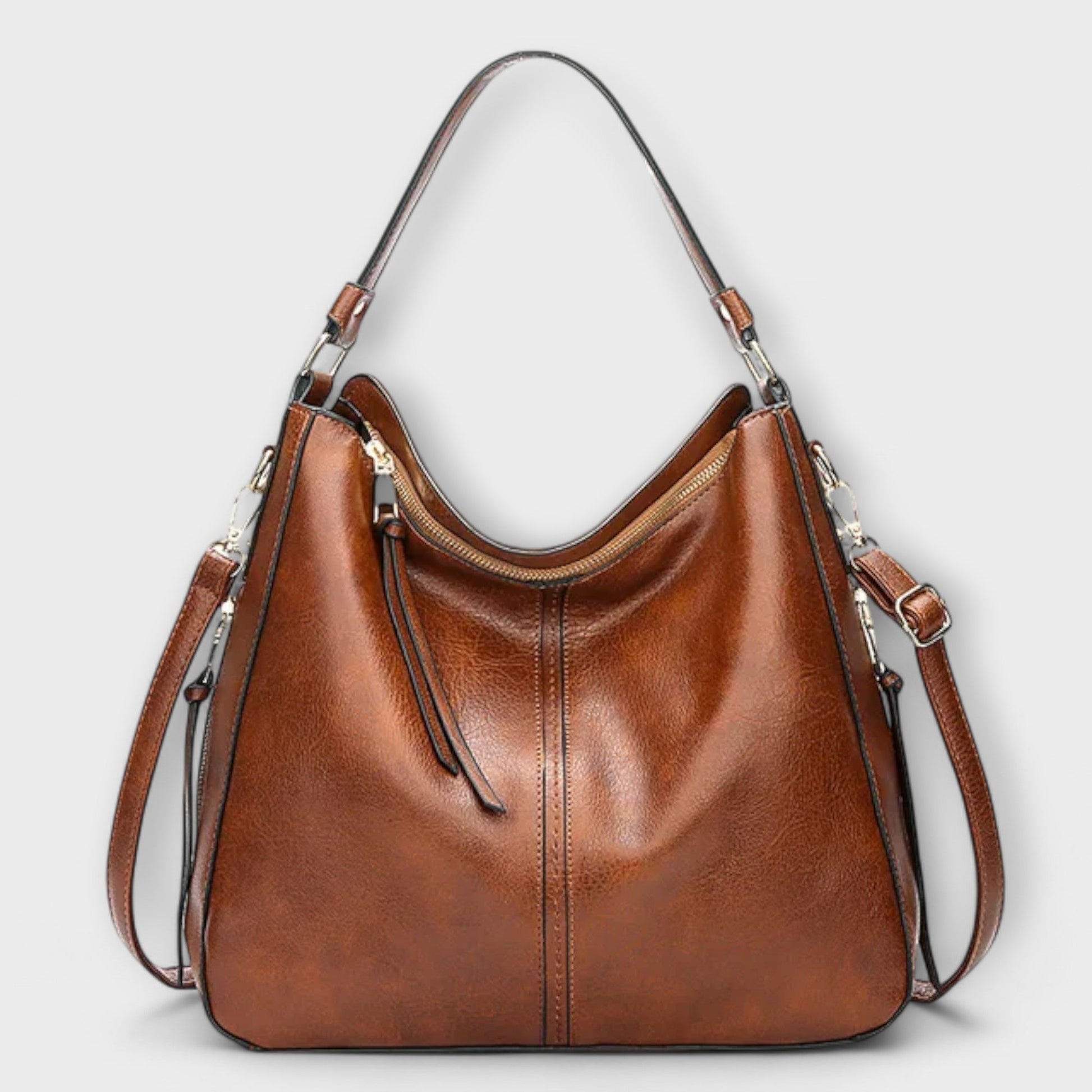 KROHN-E Damen Schultertasche Klassisch Braun Leder