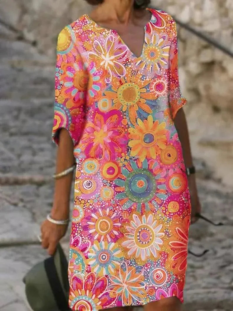 Damen-Midikleid mit V-Ausschnitt und floralem Vibrationsmuster