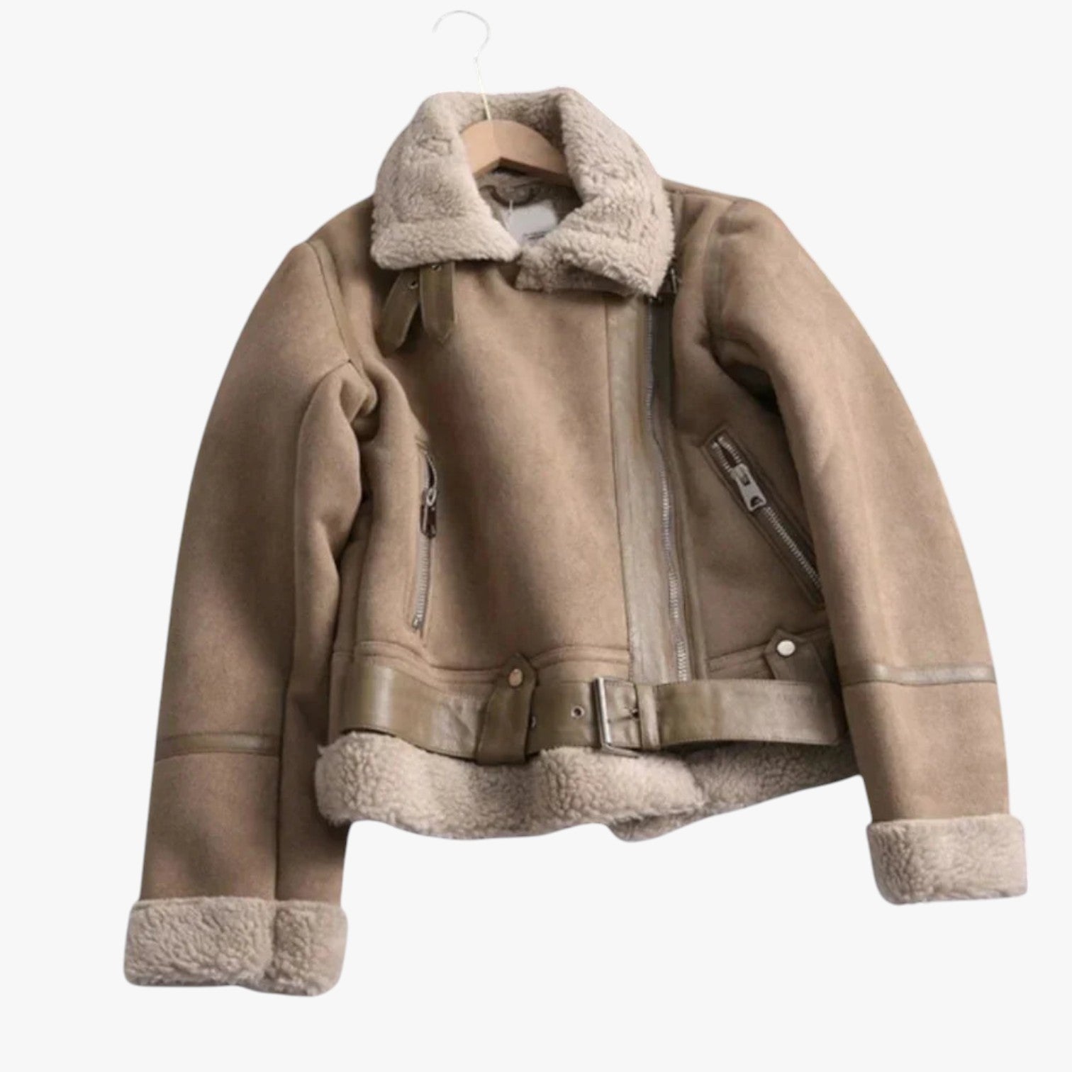 Krohn-e | Warme Damen Teddy Bikerjacke mit Reißverschluss und Kragen